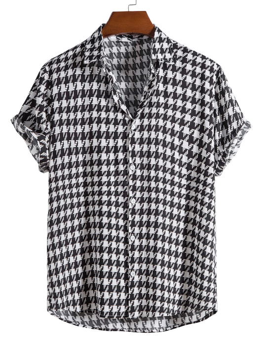 gbolsos   Houndstooth Print -  Button Up Short Sleeve Shirts Summer Casual