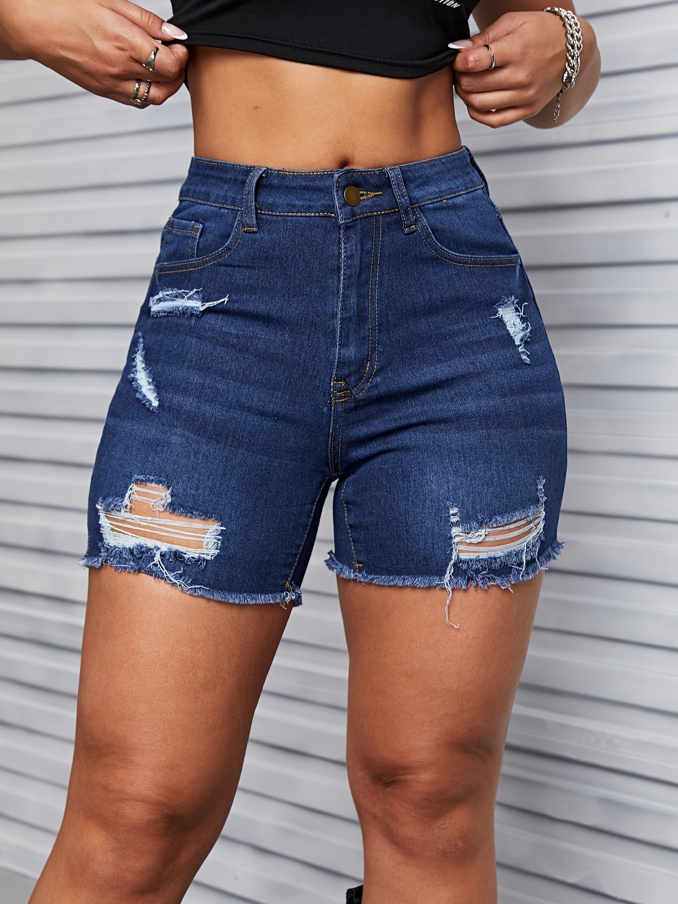 gbolsosBlue Raw Hem Denim Shorts, Slim Fit Ripped Distressed High-Stretch Short Denim Pants, Women's Denim Jeans & Clothing