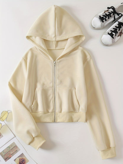 Zip Up Crop Hoodies, Long Sleeve Sports Casual Sweatshirt, Women's Clothing