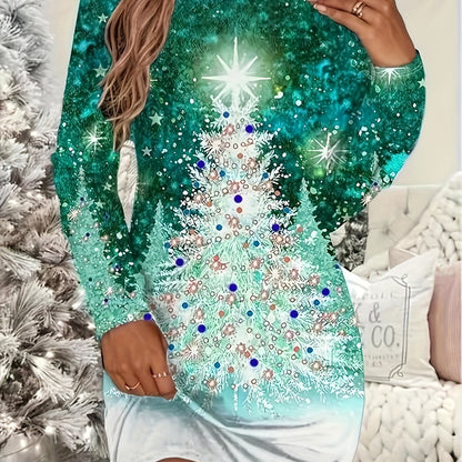 gbolsos Christmas Tree Print Crew Neck T-shirt, Casual Long Sleeve Top For Spring & Fall, Women's Clothing