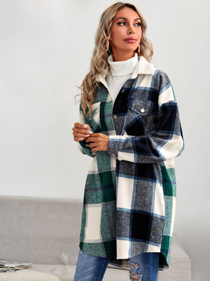 gbolsos  Women's Outerwear Mid Length Plaid Jacket Lounge Lapel Button Up Long Sleeve Plaid Long Shirt Spring Coat