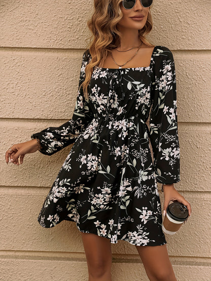 gbolsos  Floral Print Drawstring Square Neck Dress, Casual Long Sleeve Dress For Spring & Summer, Women's Clothing