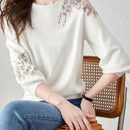 kkboxly  Floral Print Cold Shoulder T-shirt, Elegant Crew Neck T-shirt For Spring & Fall, Women's Clothing