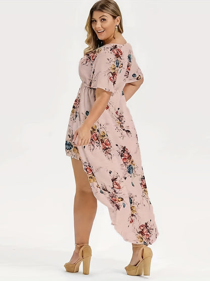 Plus Size Elegant Dress, Women's Plus Floral Print Short Sleeve V Neck Layered Hem Dress