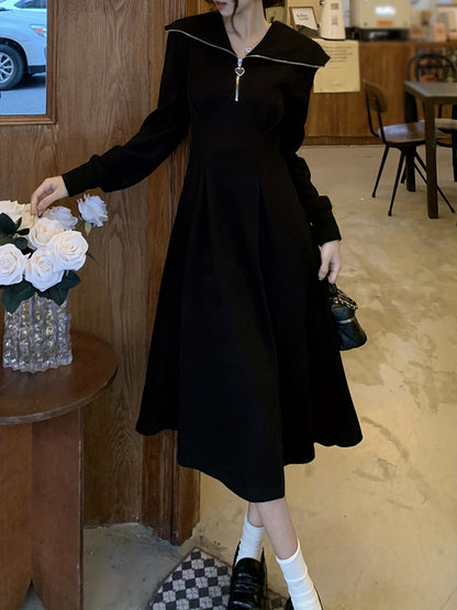 Zipper Midi Dress, Casual Solid Long Sleeve A Line Dress, Women's Clothing