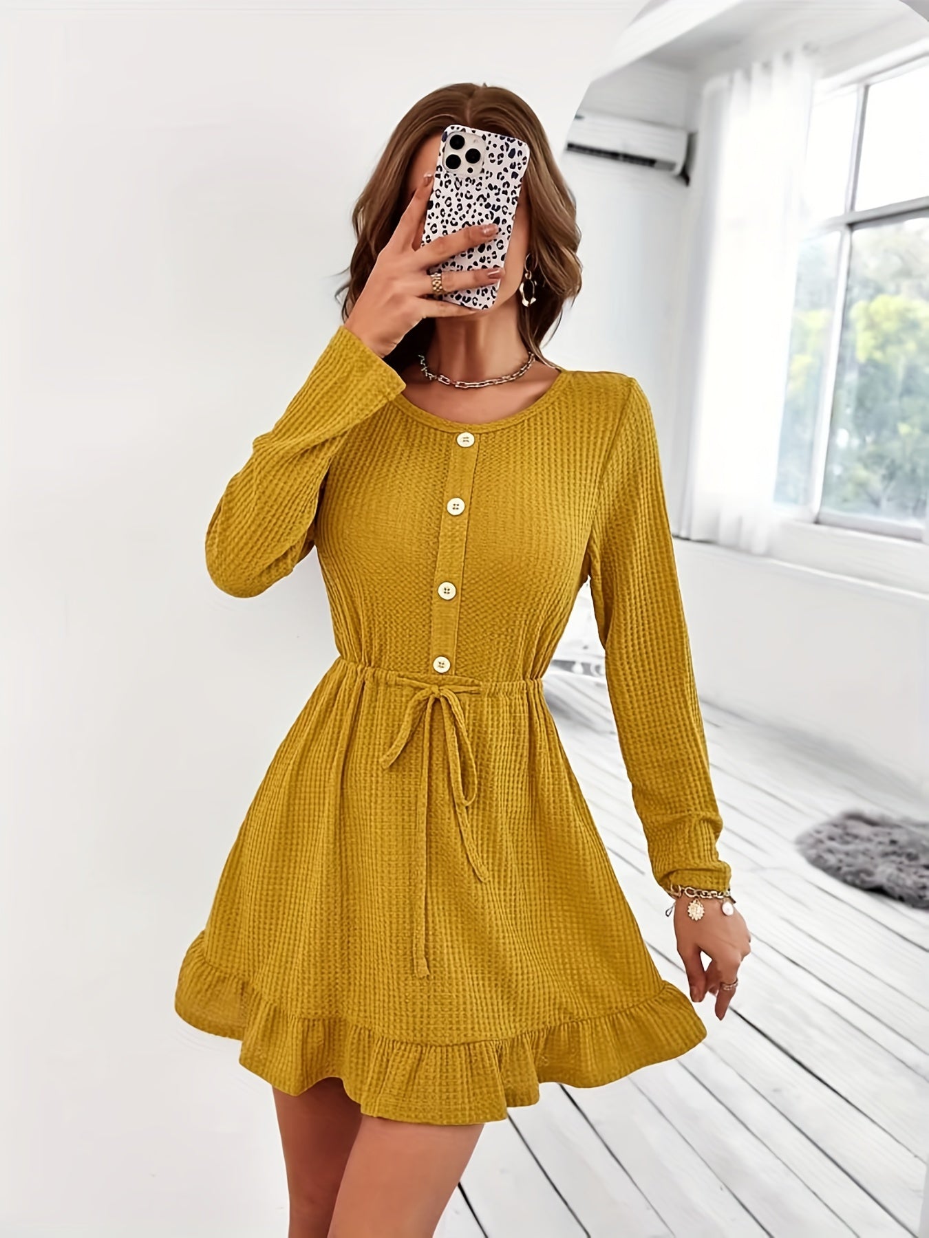 Ruffle Hem Button Front Dress, Casual Long Sleeve Crew Neck Drawstring Dress, Women's Clothing