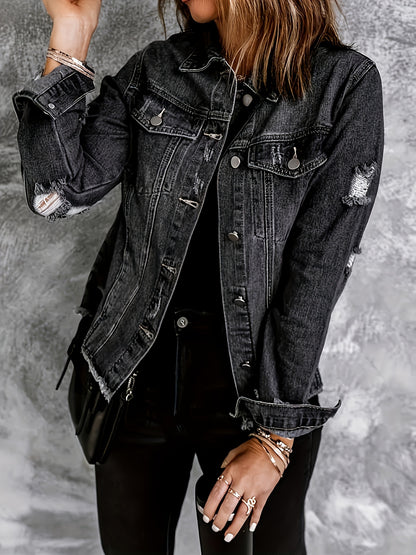 gbolsos  Black Raw Hem Denim Coats, Long Sleeve Ripped Flap Pockets Single-Breasted Button Lapel Denim Jackets, Women's Denim Clothing