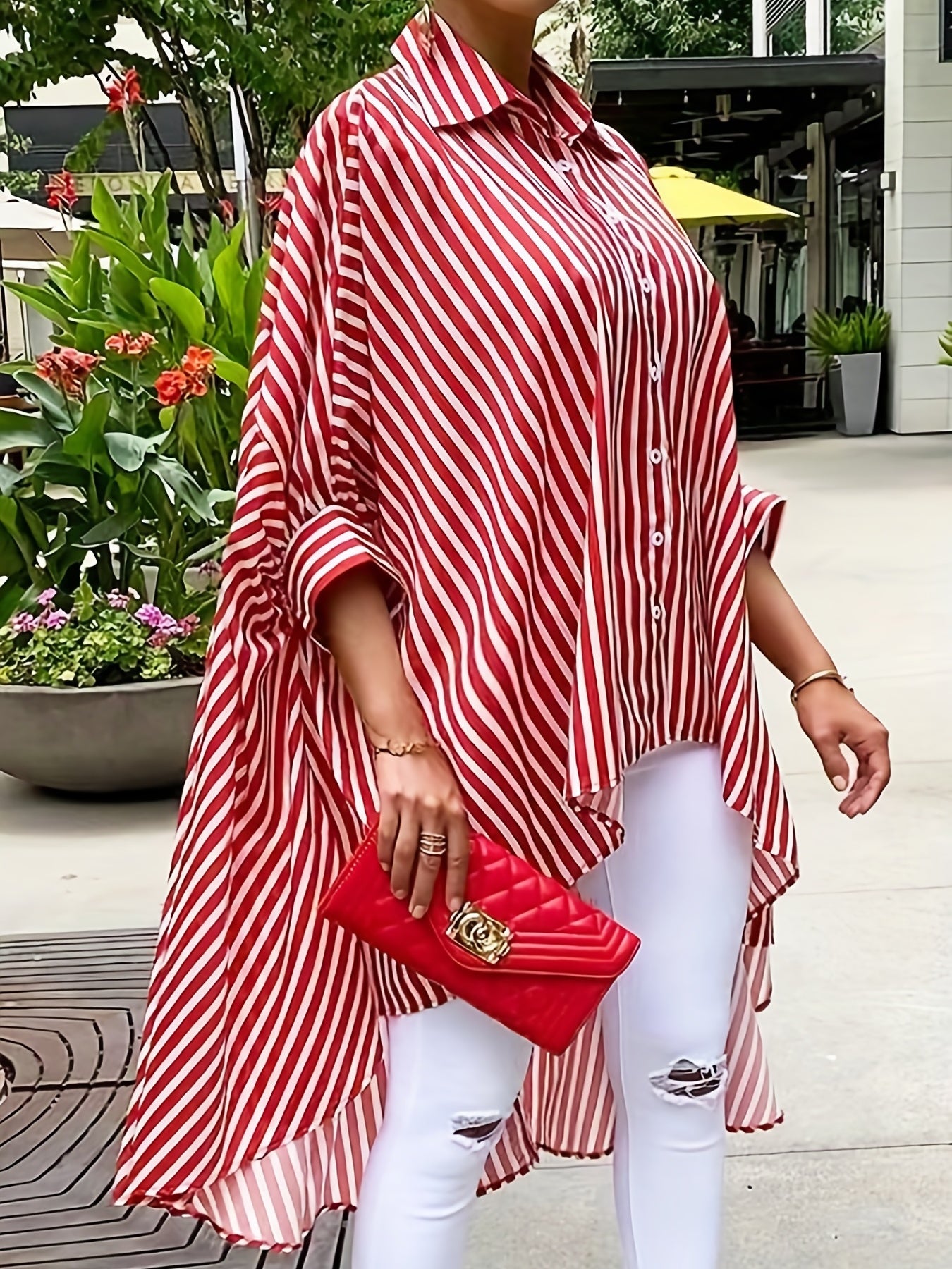 gbolsos  Striped Print Turndown Collar Blouse, Casual Long Sleeve Asymmetrical Hem Long Length Blouse, Women's Clothing