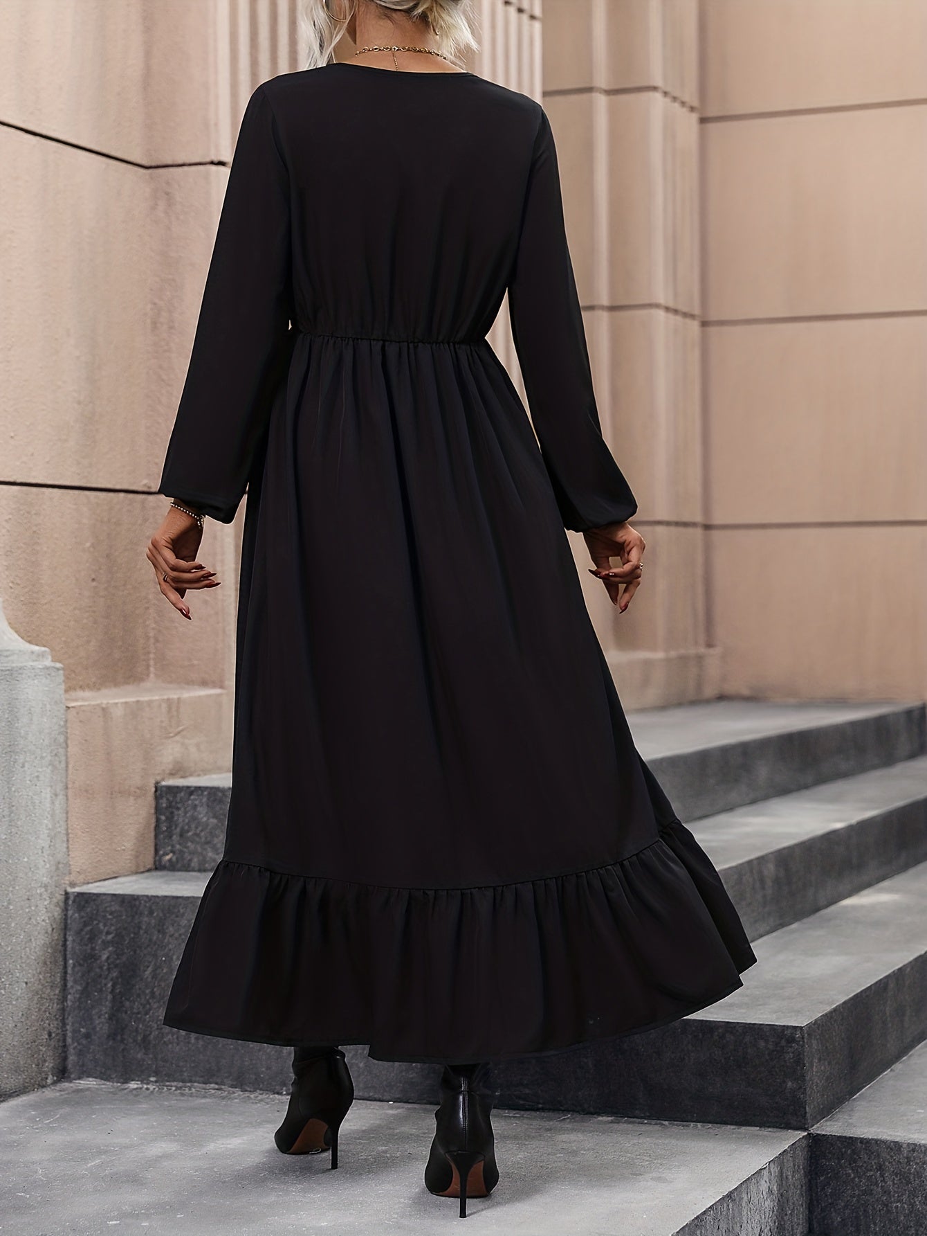 gbolsos  High Waist Simple Dress, Elegant V Neck Long Sleeve Midi Dress, Women's Clothing