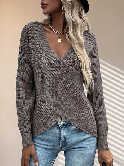 Surplice Neck Knitted Pullover Top, Casual Long Sleeve Sweater For Fall & Winter, Women's Clothing