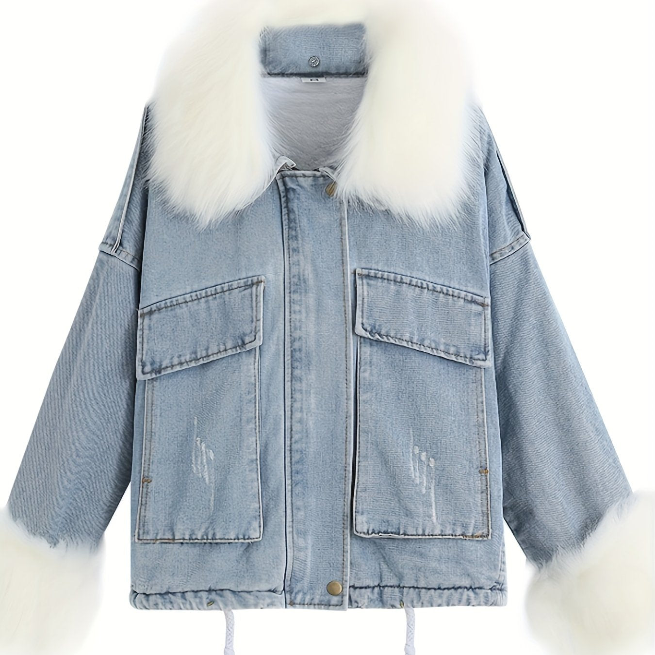 gbolsos  Fluffy Plush Collar & Cuffs Winter Warm Fur Fleece Coat, Extra Large Square Pockets Drawstring Hem Denim Jacket, Women's Denim Jackets