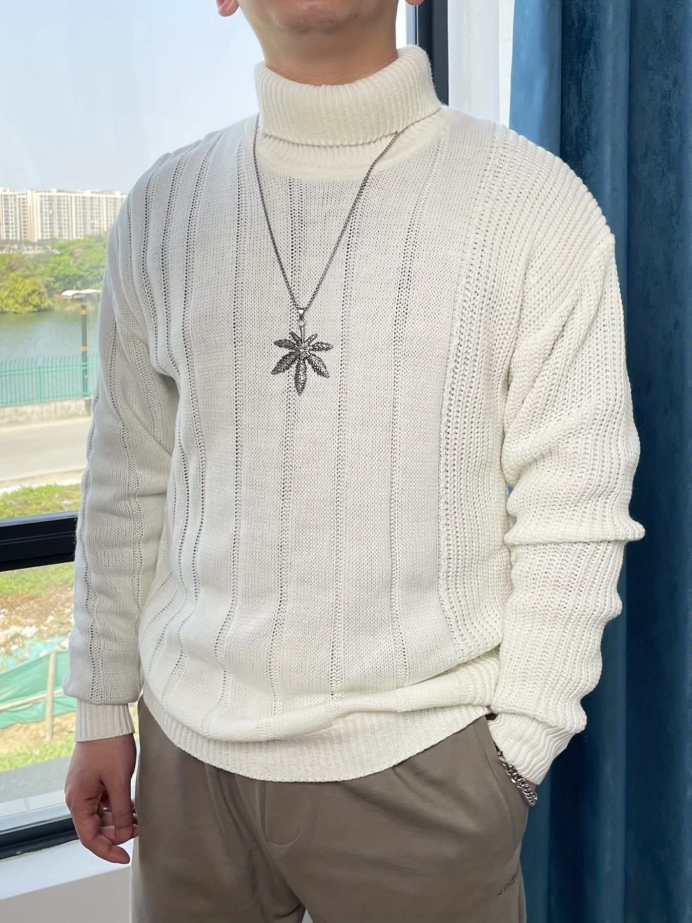 Men's Turtleneck Rib Knit White Sweater