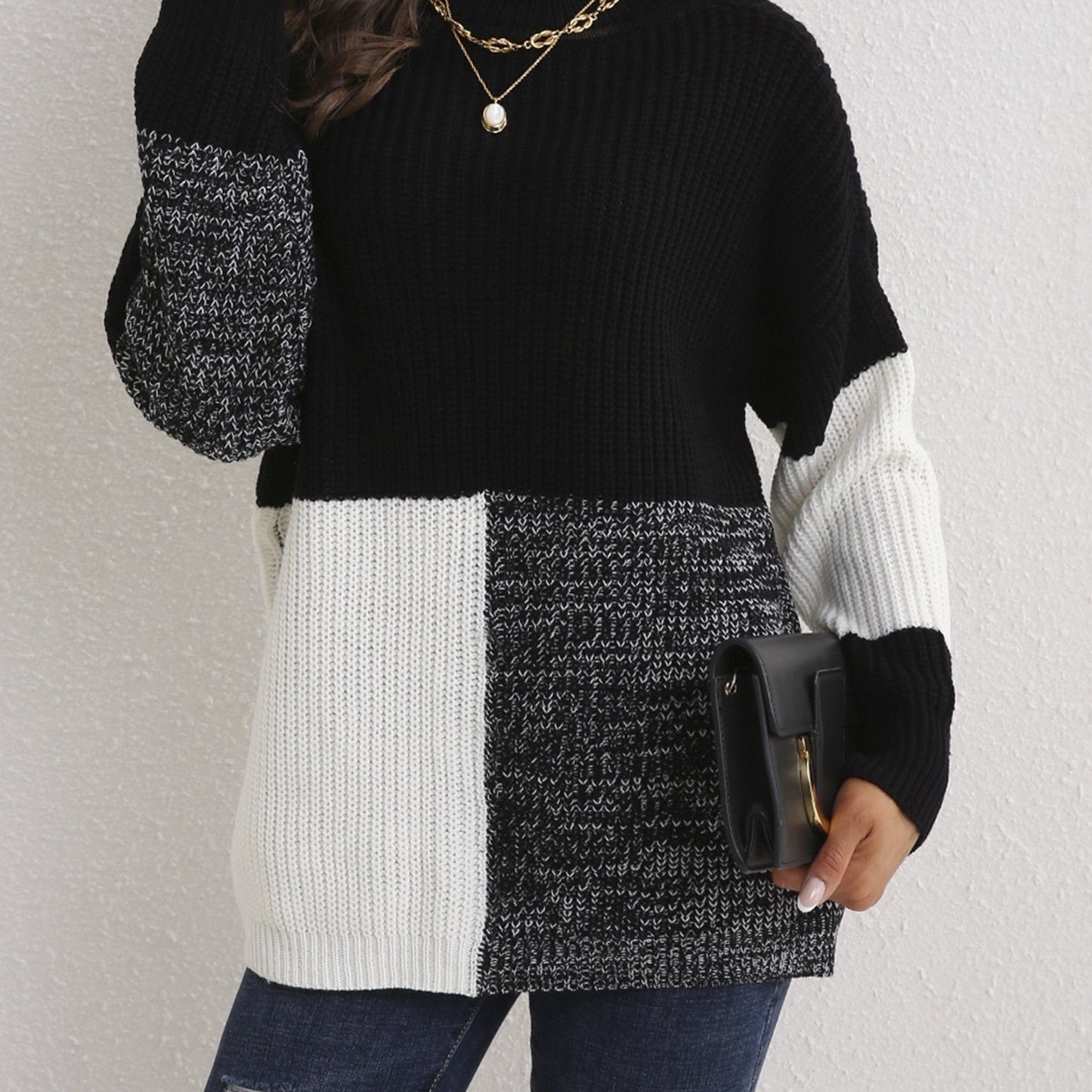 Color Block Drop Shoulder Sweater, Long Sleeve Casual Sweater For Fall & Winter, Women's Clothing