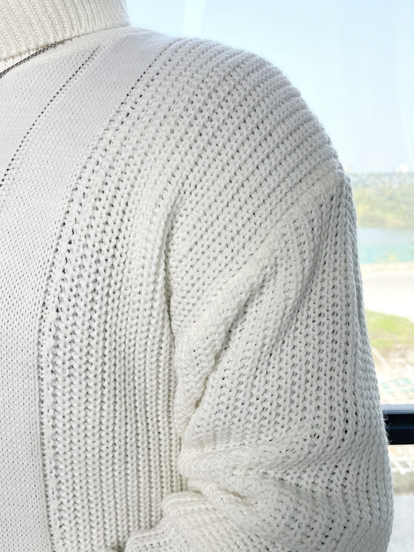 Men's Turtleneck Rib Knit White Sweater