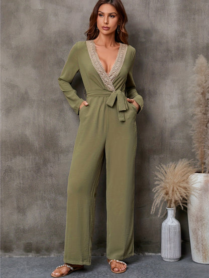 gbolsos  Contrast Lace V Neck Straight Leg Jumpsuit, Casual Long Sleeve Belted Jumpsuit For Spring & Fall, Women's Clothing