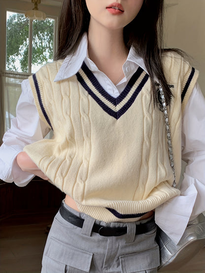 gbolsos Preppy Style V Neck Knitted Vest, Casual Sleeveless Sweater For Spring & Fall, Women's Clothing