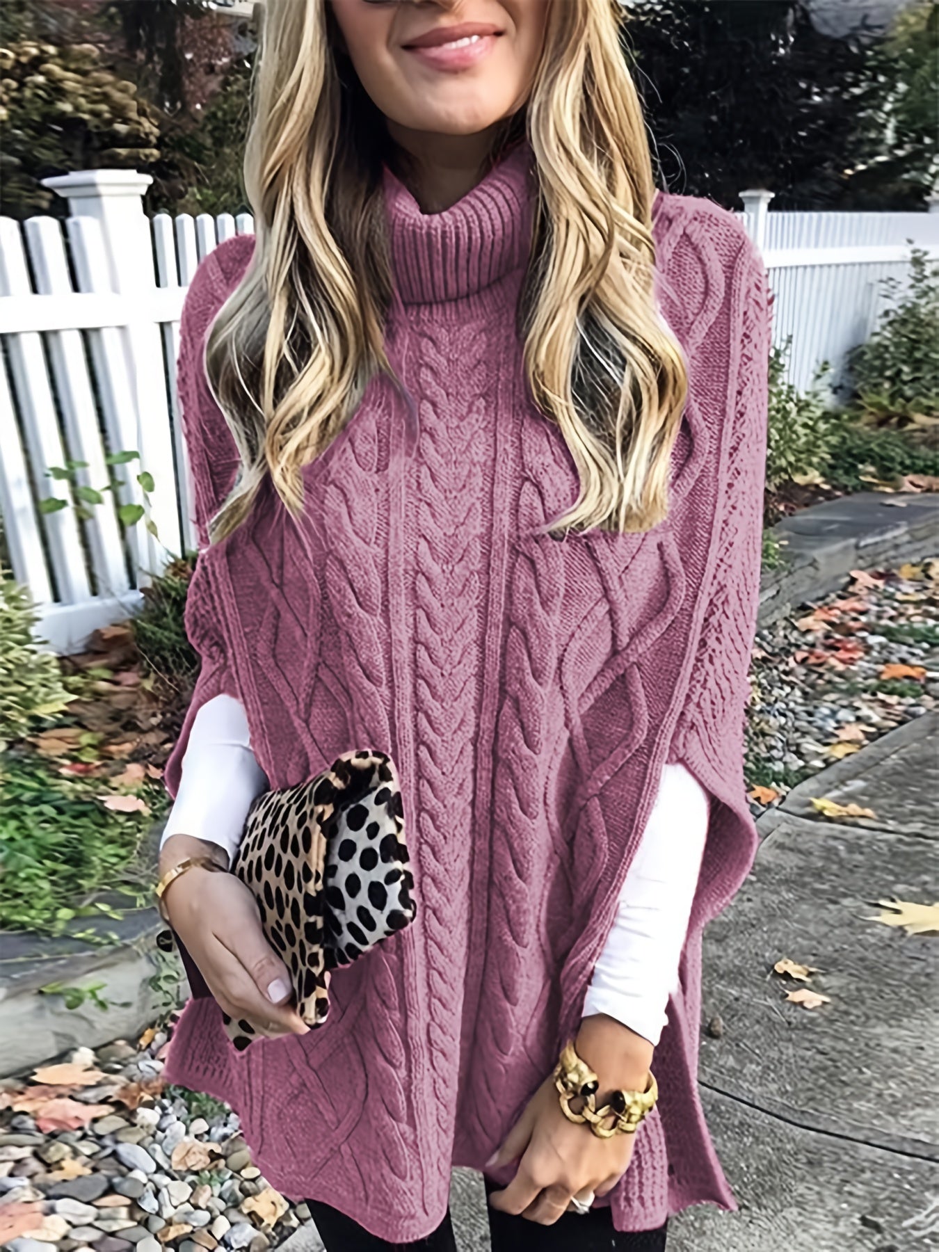 gbolsos  Solid Turtle Neck Pullover Sweater, Elegant Spilt Sleeve Sweater For Fall & Winter, Women's Clothing