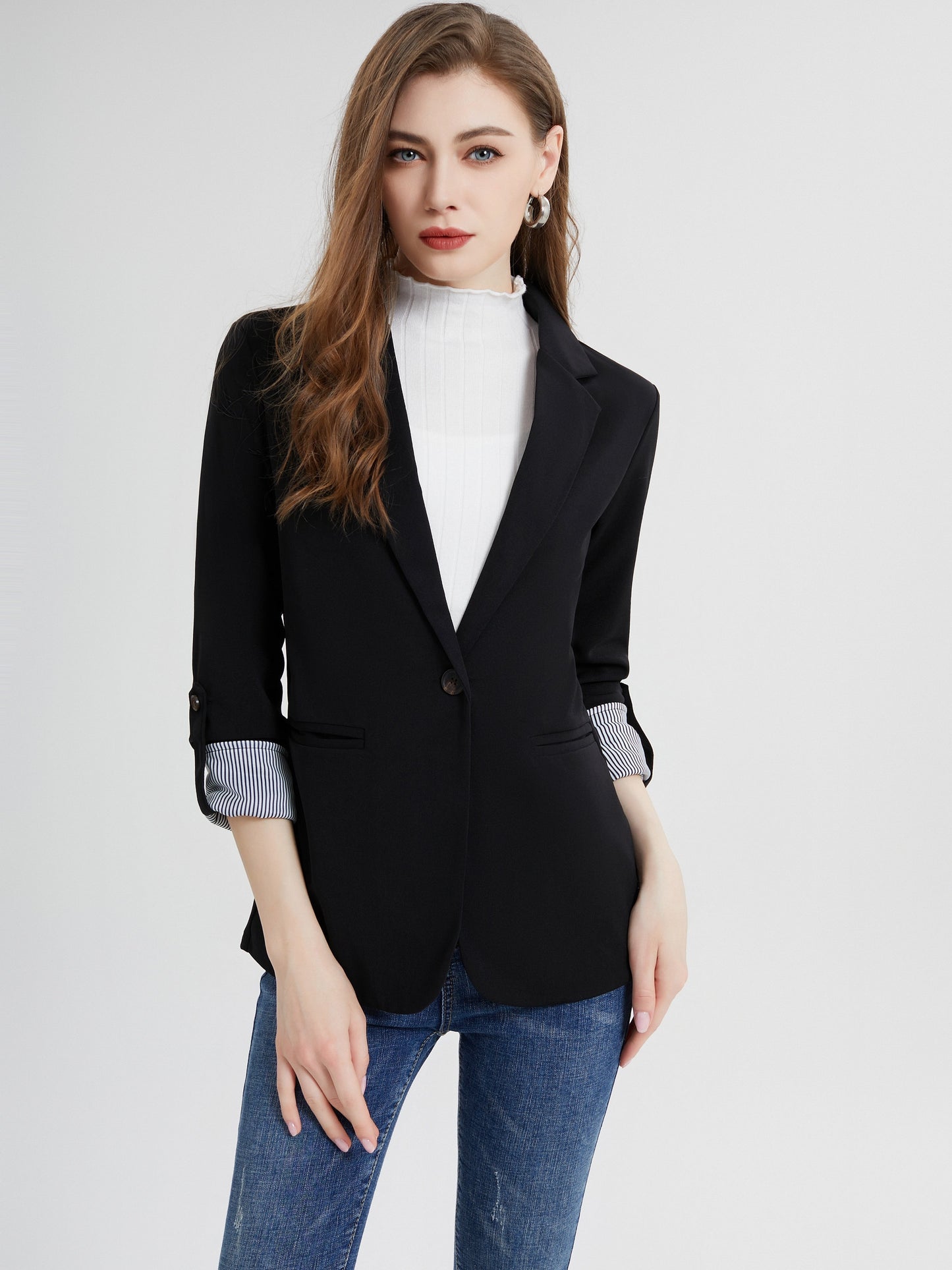 gbolsos  V-neck Pocket Basic Blazer Coat, Casual Long Sleeve Fashion Loose Blazer Outerwear, Women's Clothing