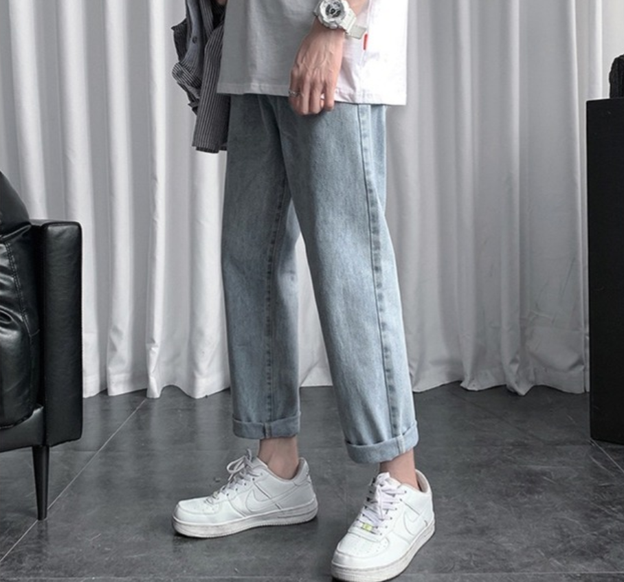 gbolsos  Men Blue Jeans Ankle-length Denim Solid Large Size 3XL Spring Chic Leisure All-match Korean Style Mens Trousers Teens Bf Ulzzang