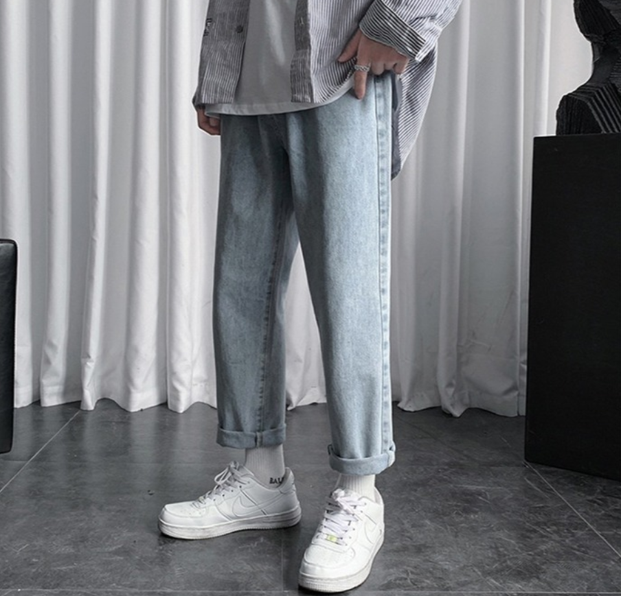 gbolsos  Men Blue Jeans Ankle-length Denim Solid Large Size 3XL Spring Chic Leisure All-match Korean Style Mens Trousers Teens Bf Ulzzang