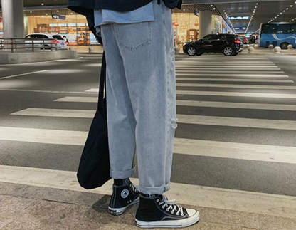 gbolsos  Men Blue Jeans Ankle-length Denim Solid Large Size 3XL Spring Chic Leisure All-match Korean Style Mens Trousers Teens Bf Ulzzang