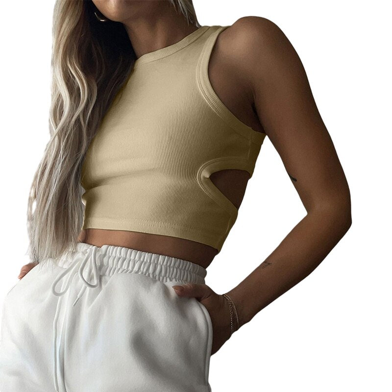 Gbolsos Summer Tops Women y2k Aesthetic Side Hollow Out Knitted Tanks Solid Color Sleeveless Sweat Shirt Basic Clothes Streetwear