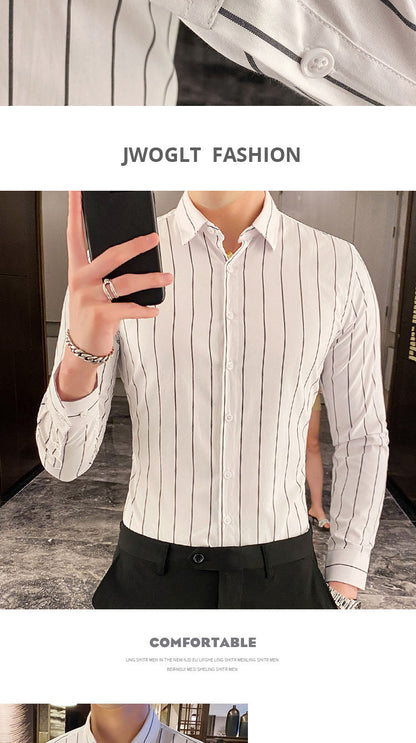 Gbolsos Korea Style Handsome Fashion Mens Shirts Button Down Slim Fit Long Sleeve Striped Shirts Asain Size