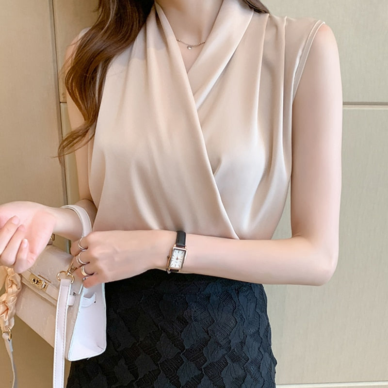 Gbolsos Womens Tops Blouses Solid Color White Satin Blouse Office Shirt Blusas Sleeveless Women Shirts Black White Female