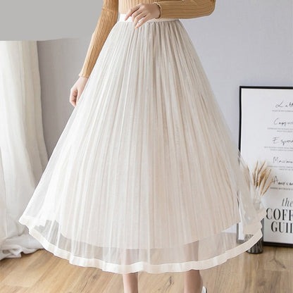 Gbolsos Mesh Skirt Autumn Winter Velvet Solid Color Elastic Waist Slim Pleated Skirts Womens Chic High Waist Women Skir