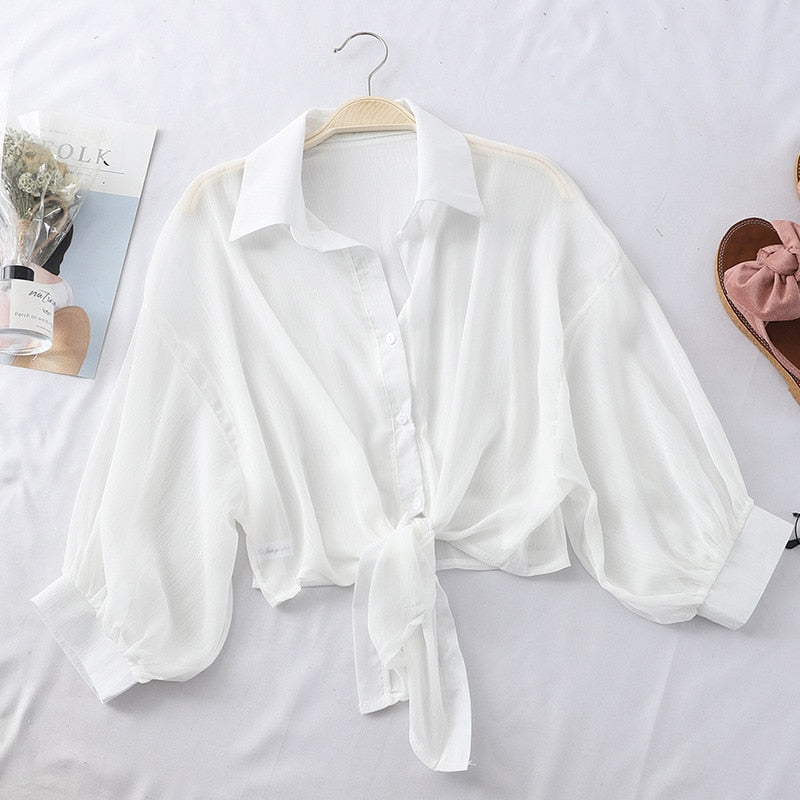 Gbolsos Chiffon Shirts Women Summer Half Sleeve Buttoned Up Shirt Loose Casual Blouse Tied Waist Elegant Blouses For Women