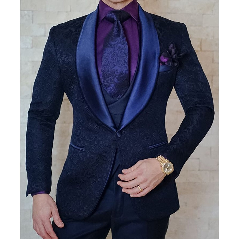 Gbolsos Navy Blue Floral Jacquard Men Suits Slim Fit with Shawl Lapel 3 Piece Custom Wedding Tuxedo for Groomsmen Male Fashion Costume