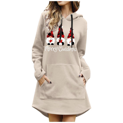 Gbolsos Women Christmas Sweatshirts Casual Solid Color Printing Pullover Hooded Pocket Long Sleeve Dress Платье #8