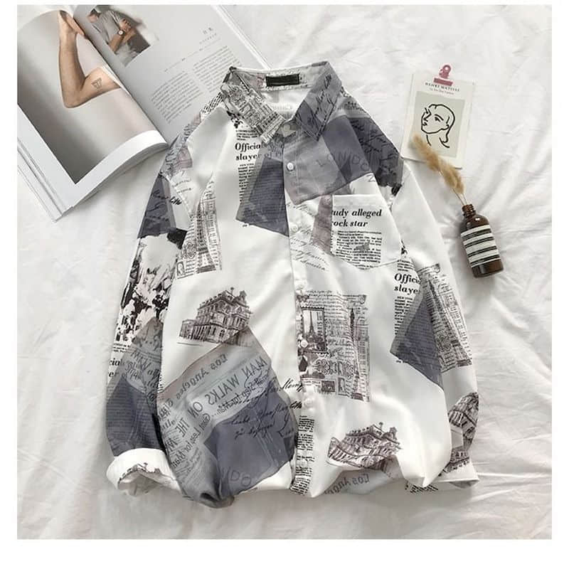 GbolsosNewspaper shirt Korean trend men's shirt long-sleeved loose couple lovers shirt student all-match shirt 2022 fashion streetwear