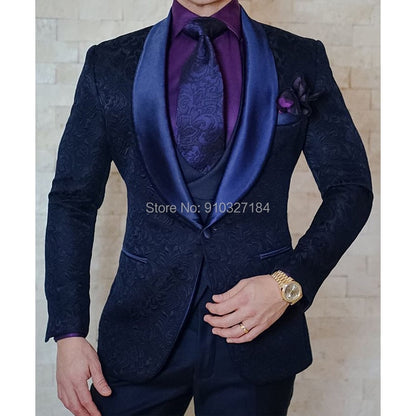 Gbolsos Navy Blue Floral Jacquard Men Suits Slim Fit with Shawl Lapel 3 Piece Custom Wedding Tuxedo for Groomsmen Male Fashion Costume