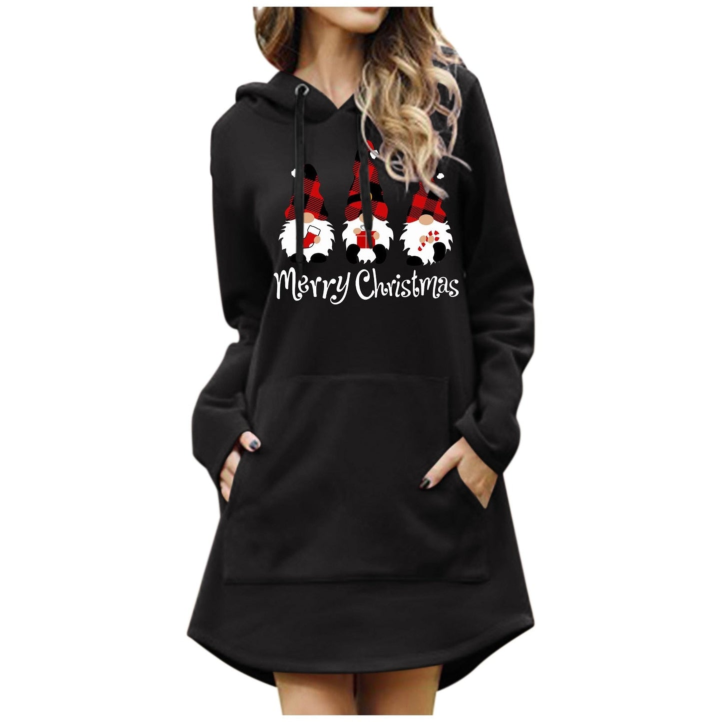 Gbolsos Women Christmas Sweatshirts Casual Solid Color Printing Pullover Hooded Pocket Long Sleeve Dress Платье #8