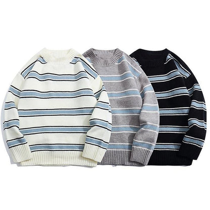 Gbolsos Striped Harajuku Oversized Sweater Autumn New Japanese Style Round Neck Spliced Color Loose Couples Hip Hop Knitted Sweater