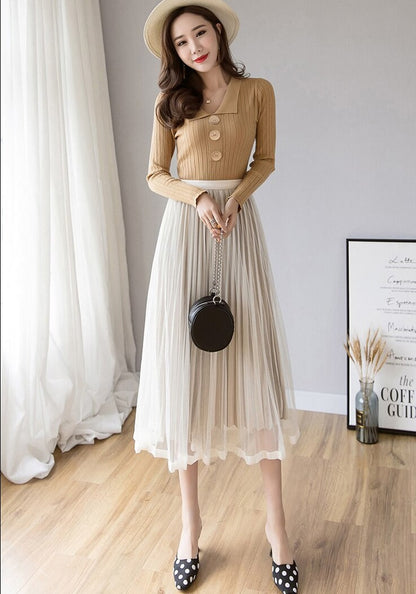 Gbolsos Mesh Skirt Autumn Winter Velvet Solid Color Elastic Waist Slim Pleated Skirts Womens Chic High Waist Women Skir