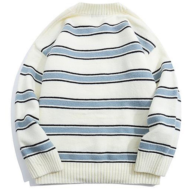 Gbolsos Striped Harajuku Oversized Sweater Autumn New Japanese Style Round Neck Spliced Color Loose Couples Hip Hop Knitted Sweater