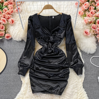 Gbolsos Autumn New Celebrity Sexy Square Neck Satin Dresses Long Sleeve Women White Hip Wrap Slim Pleated Mini Short Dress