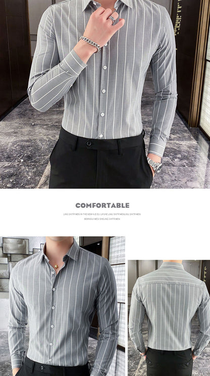 Gbolsos Korea Style Handsome Fashion Mens Shirts Button Down Slim Fit Long Sleeve Striped Shirts Asain Size