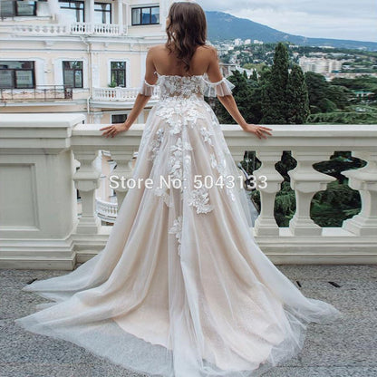 Gbolsos Sexy Sweetheart A Line Wedding Dresses Off Shoulder Champagne Liner Tulle Appliques Sleeveless Bridal Gowns Womens Formal