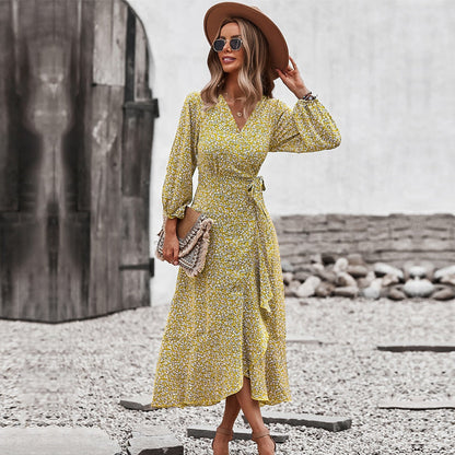 Spring Autumn Long Bandage Print Dress For Women   New V Neck Full Sleeve Hight Waist Winter Maxi Dresses Ladies Elegant