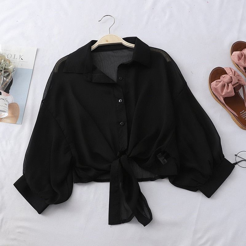 Gbolsos Chiffon Shirts Women Summer Half Sleeve Buttoned Up Shirt Loose Casual Blouse Tied Waist Elegant Blouses For Women