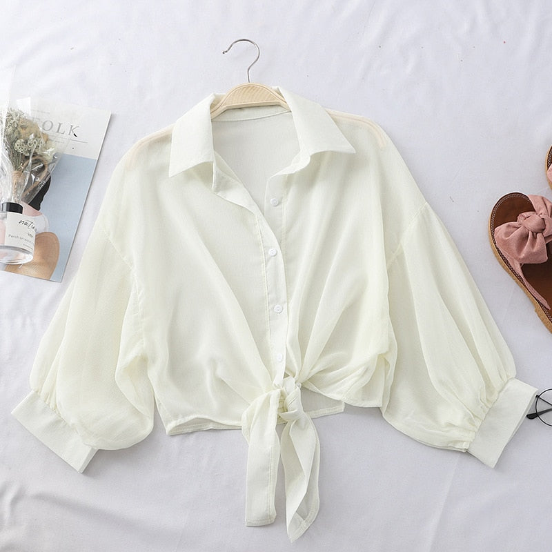 Gbolsos Chiffon Shirts Women Summer Half Sleeve Buttoned Up Shirt Loose Casual Blouse Tied Waist Elegant Blouses For Women