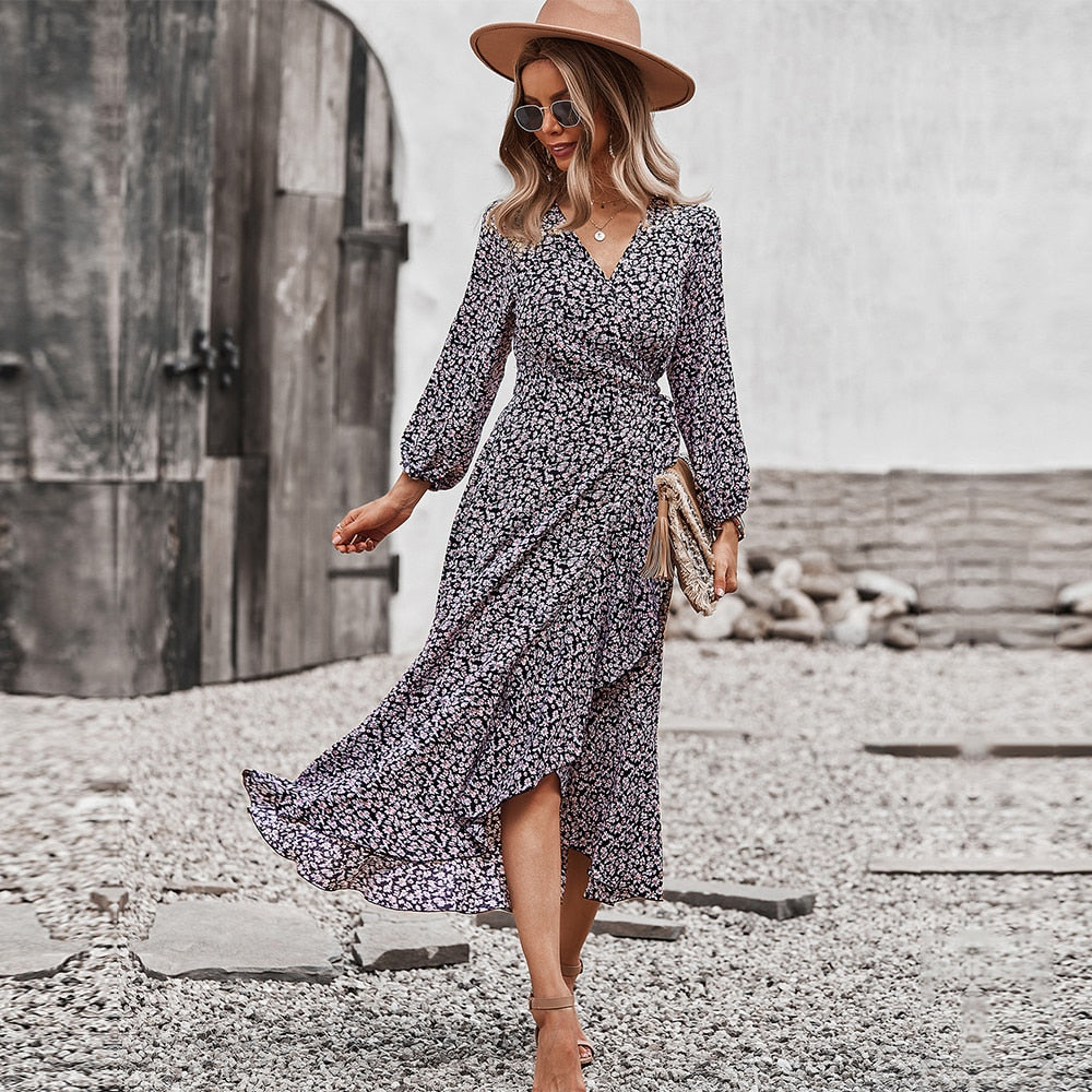 Spring Autumn Long Bandage Print Dress For Women   New V Neck Full Sleeve Hight Waist Winter Maxi Dresses Ladies Elegant