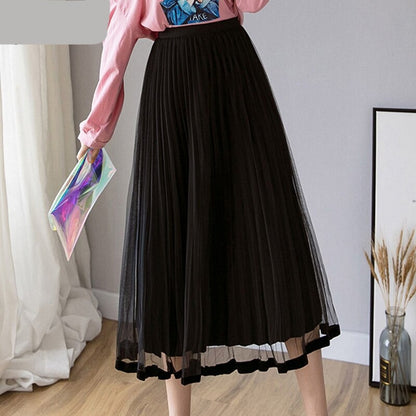 Gbolsos Mesh Skirt Autumn Winter Velvet Solid Color Elastic Waist Slim Pleated Skirts Womens Chic High Waist Women Skir