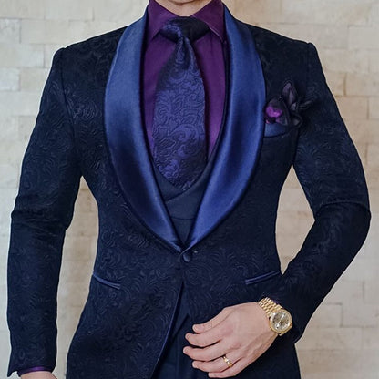 Gbolsos Navy Blue Floral Jacquard Men Suits Slim Fit with Shawl Lapel 3 Piece Custom Wedding Tuxedo for Groomsmen Male Fashion Costume