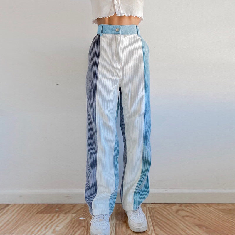 Gbolsos Corduroy Pants Woman Baggy High Waist Contrast Patchwork Trousers Y2K Streetwear Casual Straight Sweatpants Capris