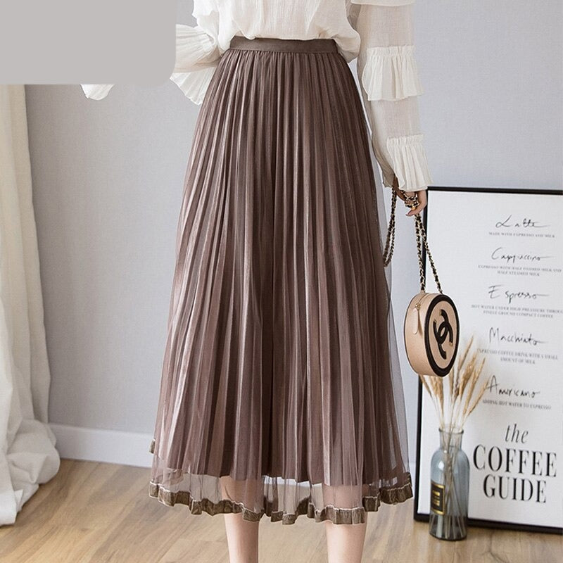 Gbolsos Mesh Skirt Autumn Winter Velvet Solid Color Elastic Waist Slim Pleated Skirts Womens Chic High Waist Women Skir