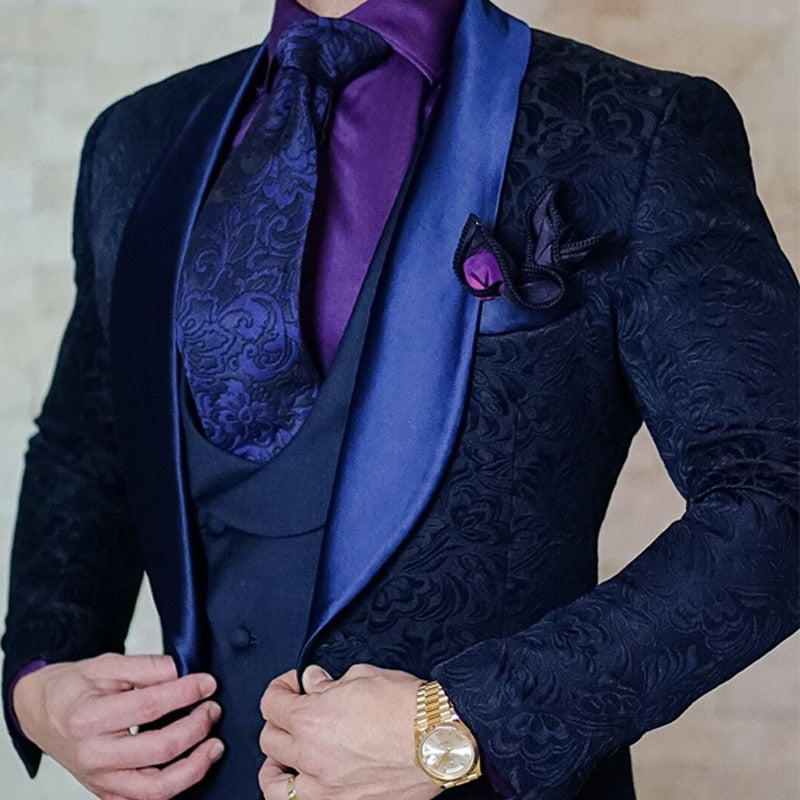 Gbolsos Navy Blue Floral Jacquard Men Suits Slim Fit with Shawl Lapel 3 Piece Custom Wedding Tuxedo for Groomsmen Male Fashion Costume